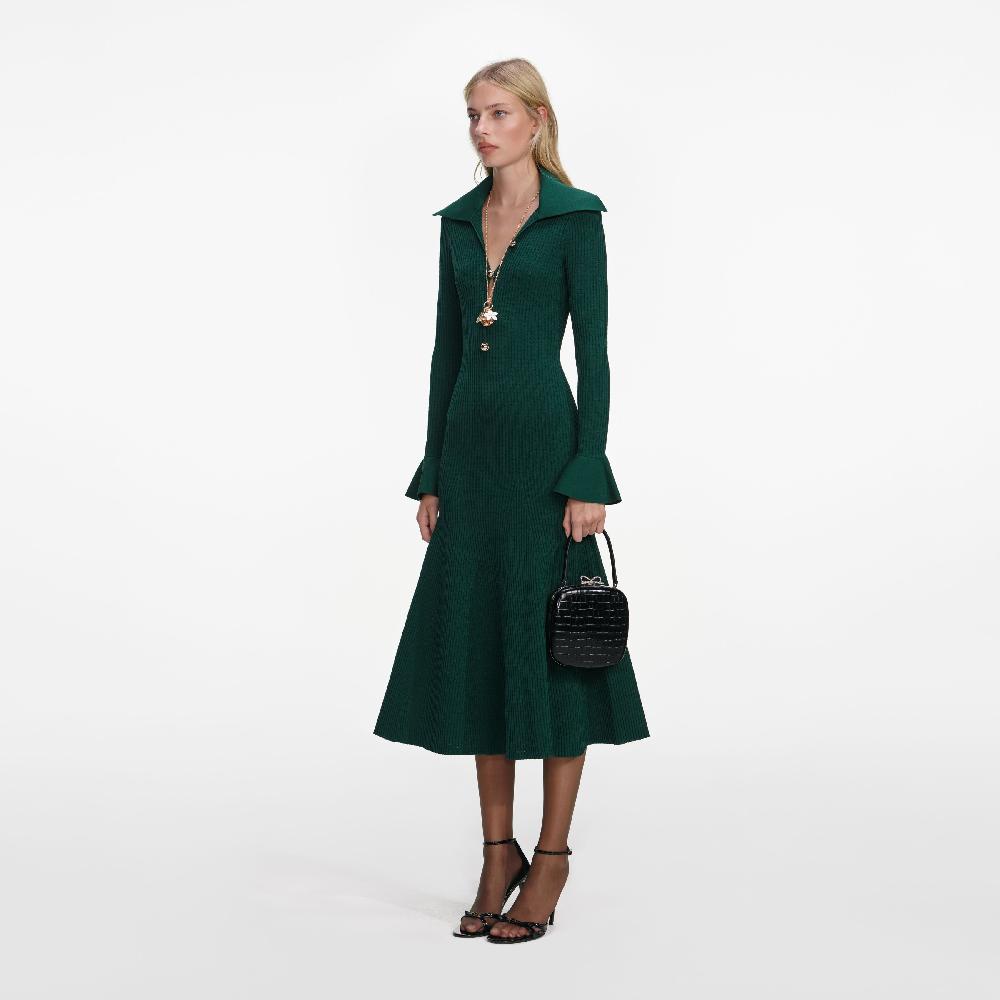Self Portrait Green Keyhole Knit Midi Dress CLOTHING