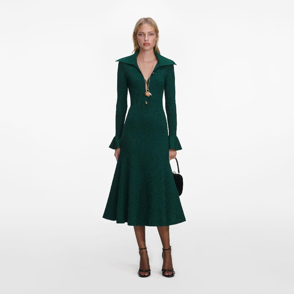 self portrait Green Keyhole Knit Midi Dress CLOTHING
