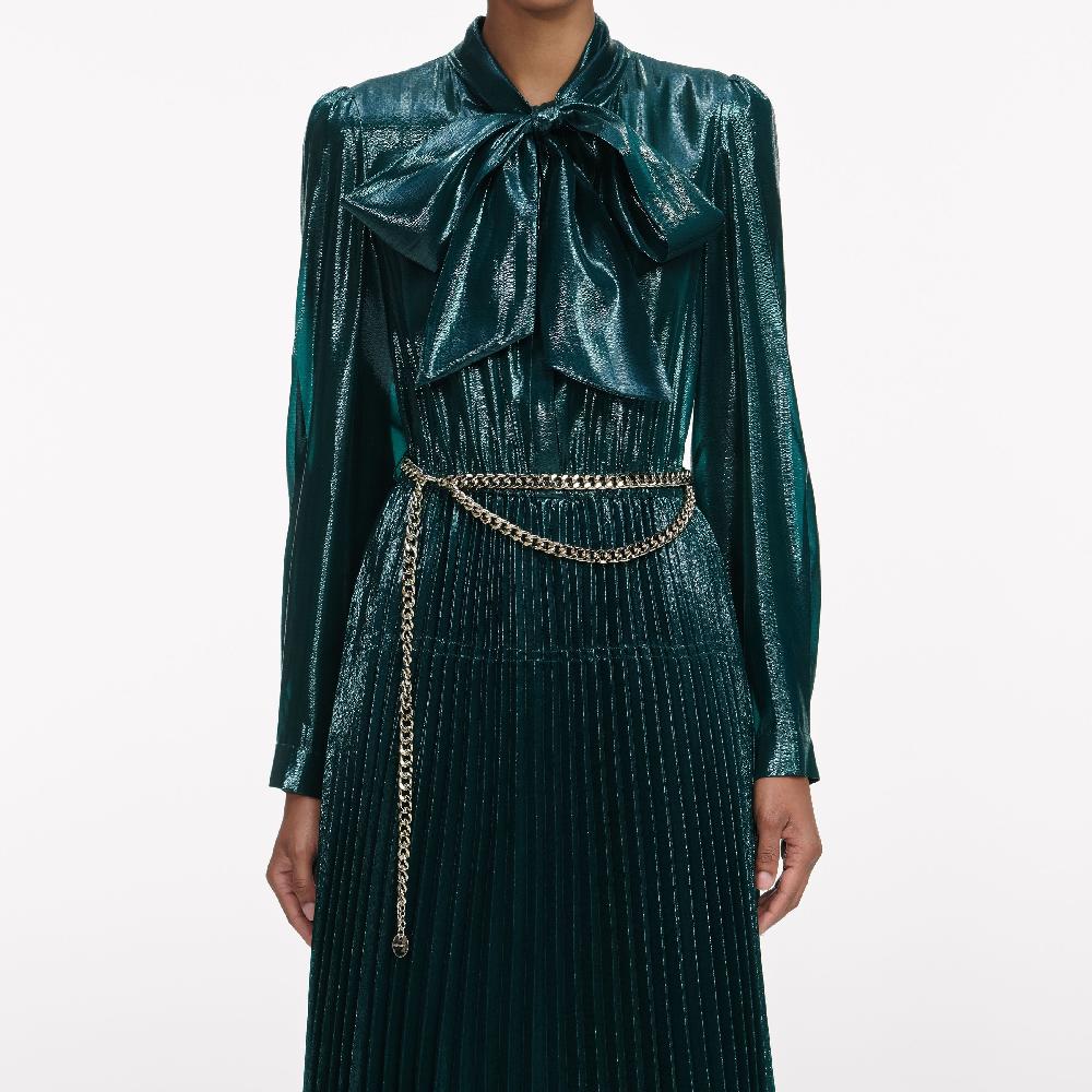 Self Portrait Green Metallic Tie Neck Maxi Dress CLOTHING