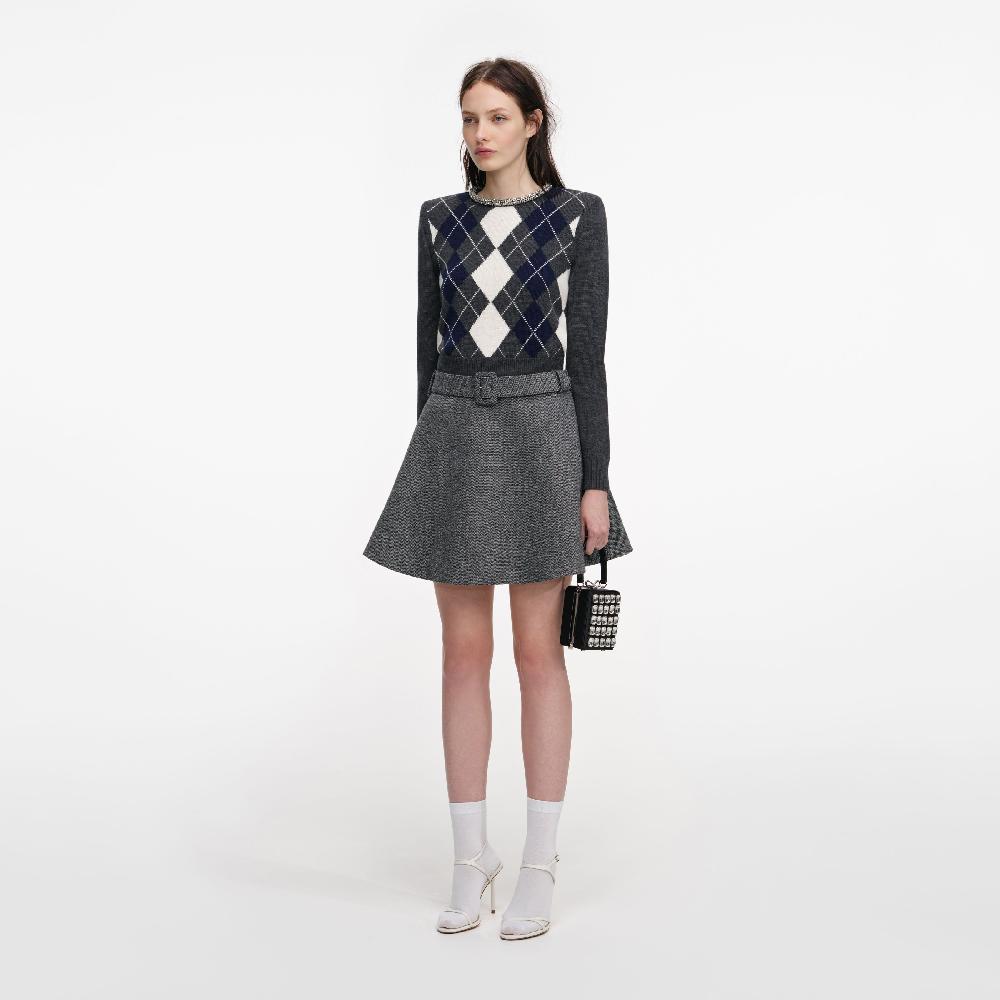 Self Portrait Grey Argyle Crystal Trim Jumper CLOTHING