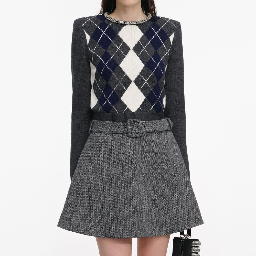 Self Portrait Grey Argyle Crystal Trim Jumper CLOTHING