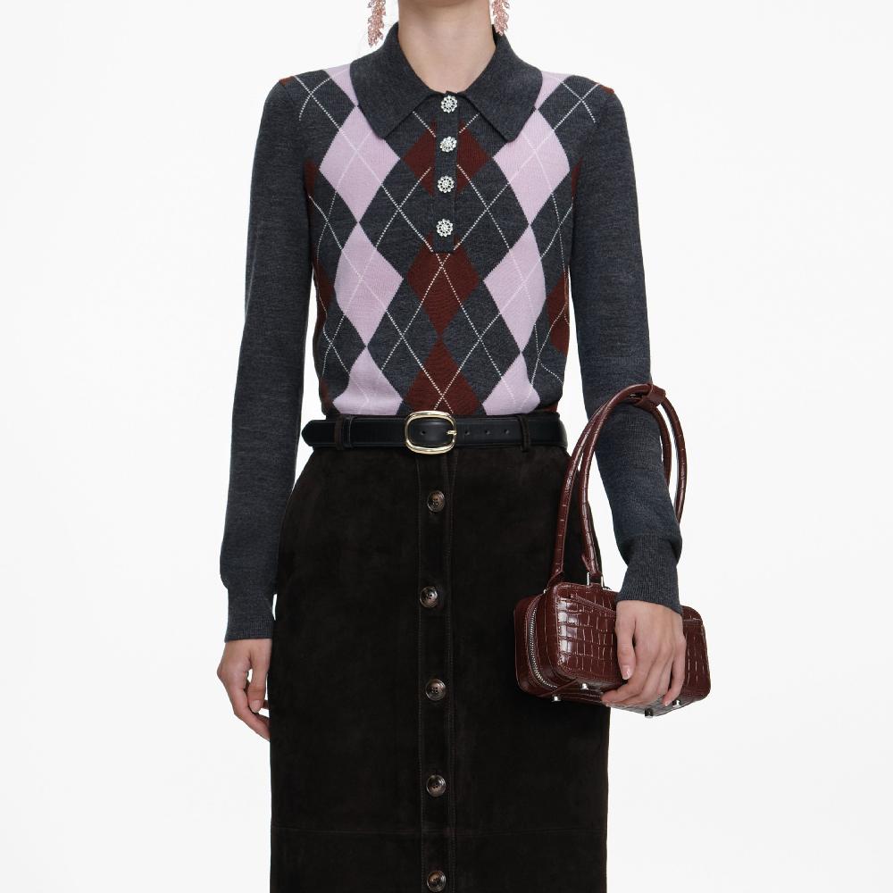 Self Portrait Grey Argyle Lightweight Jumper CLOTHING