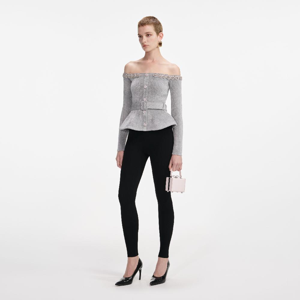 Self Portrait Grey Chenille Knit Crystal Trim Top CLOTHING