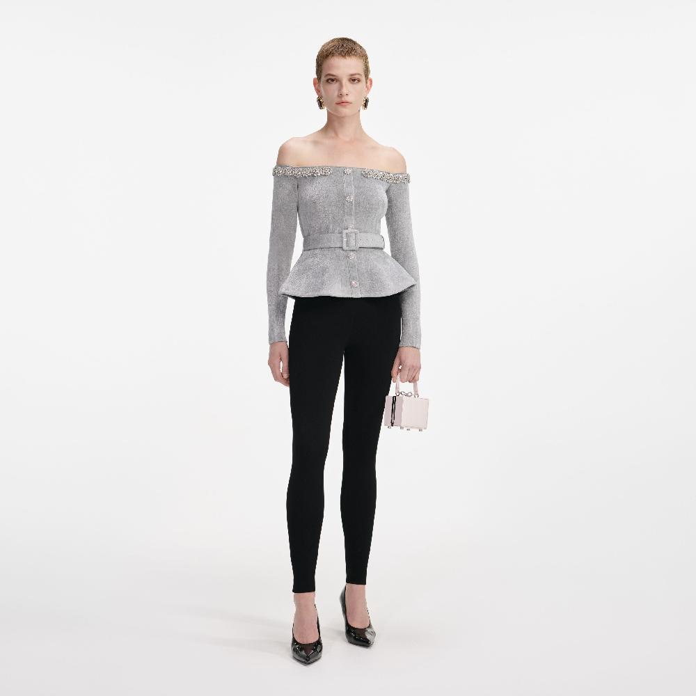 self portrait Grey Chenille Knit Crystal Trim Top CLOTHING