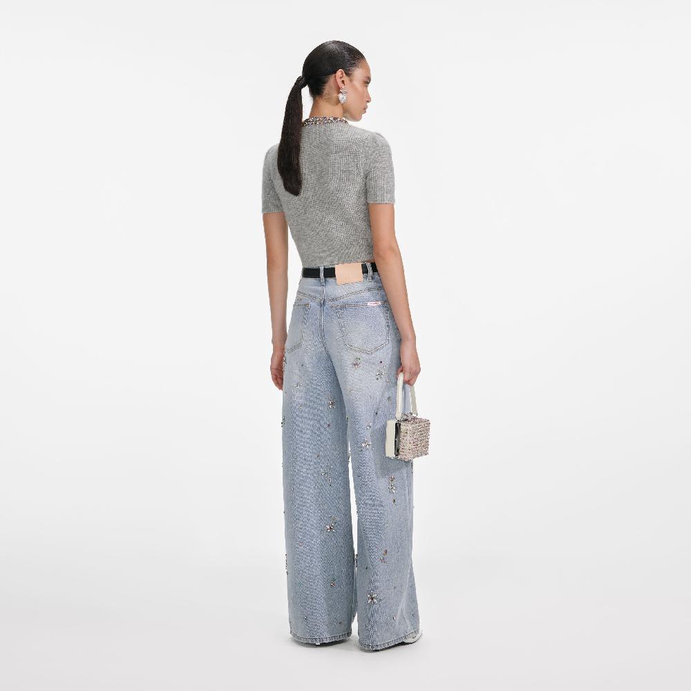 Self Portrait Grey Embellished Trim Knit Top CLOTHING