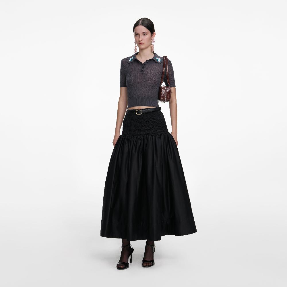 Self Portrait Grey Embroidered Pointelle Knit Top CLOTHING