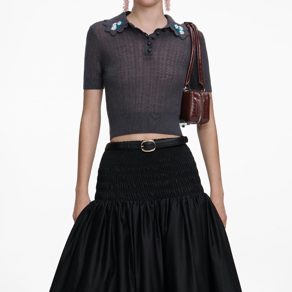 Self Portrait Grey Embroidered Pointelle Knit Top CLOTHING