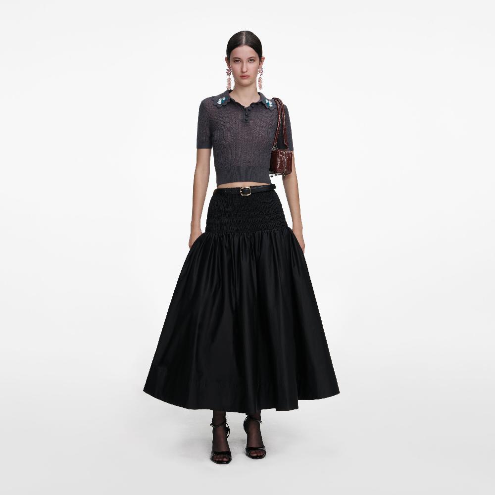 self portrait Grey Embroidered Pointelle Knit Top CLOTHING