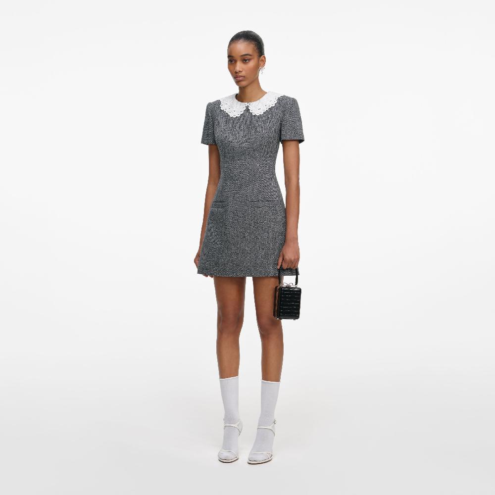 Self Portrait Grey Herringbone Collared Mini Dress CLOTHING