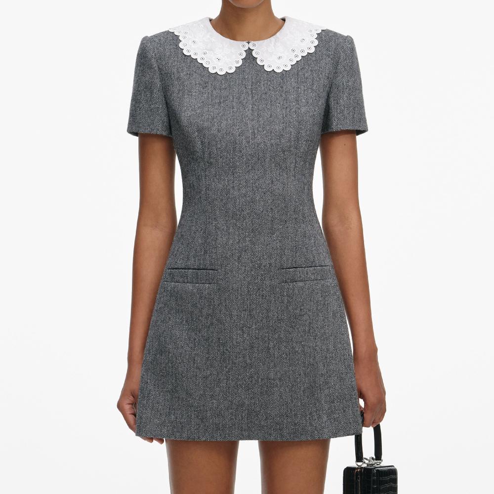 Self Portrait Grey Herringbone Collared Mini Dress CLOTHING