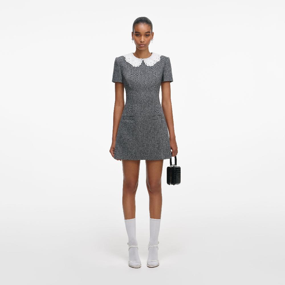 self portrait Grey Herringbone Collared Mini Dress CLOTHING