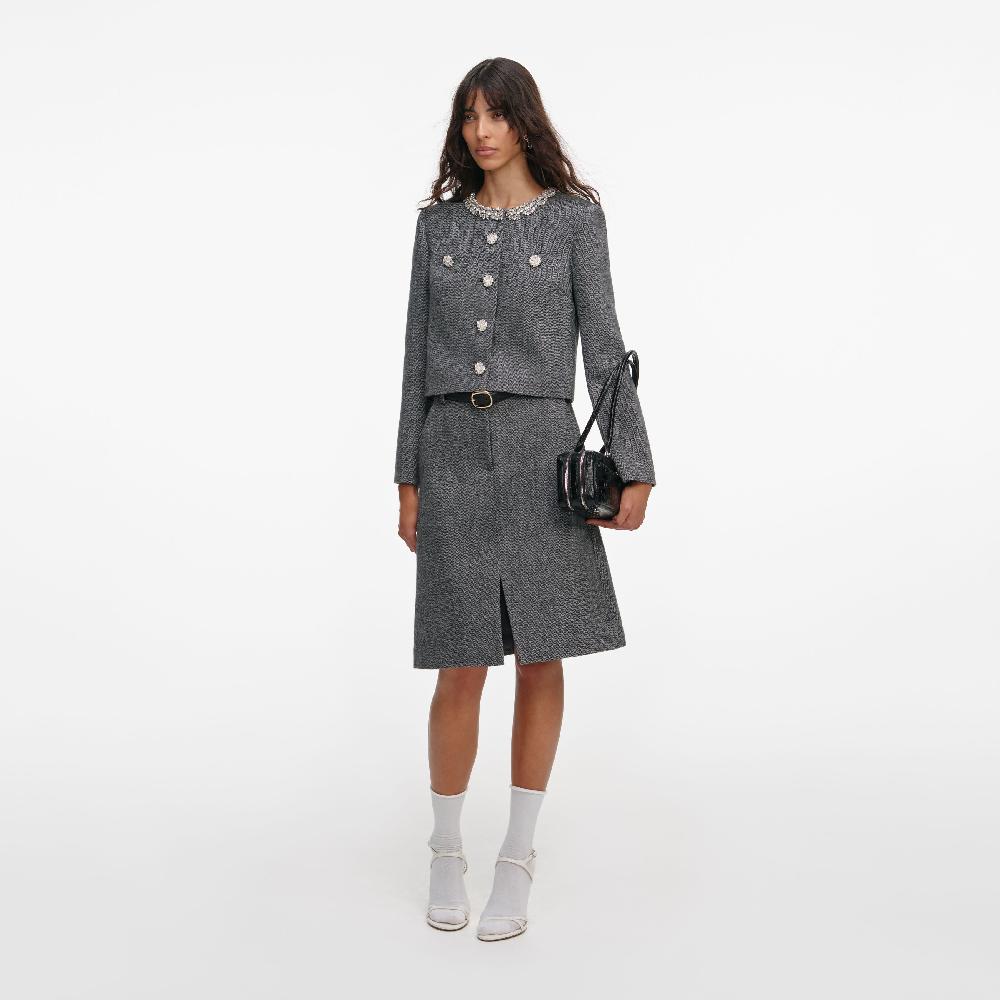 Self Portrait Grey Herringbone Crystal Trim Jacket CLOTHING