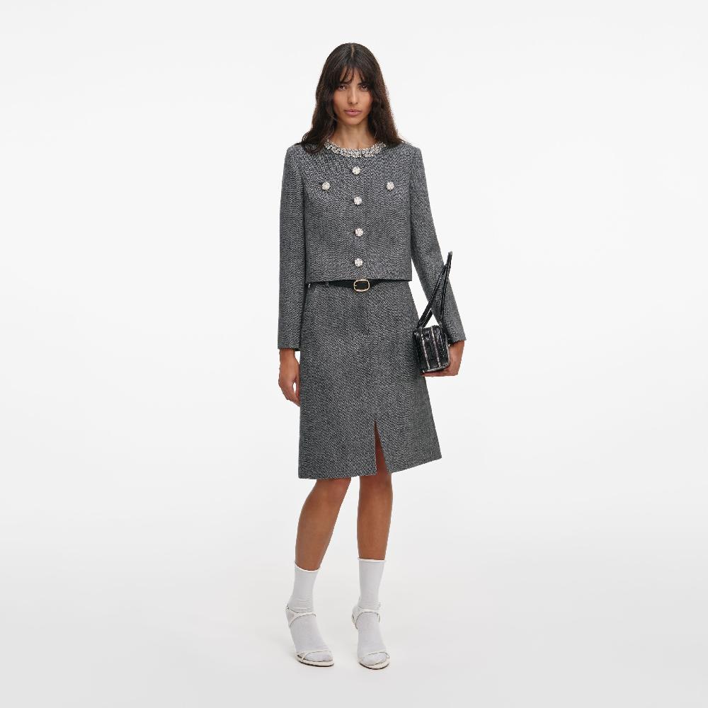 self portrait Grey Herringbone Crystal Trim Jacket CLOTHING