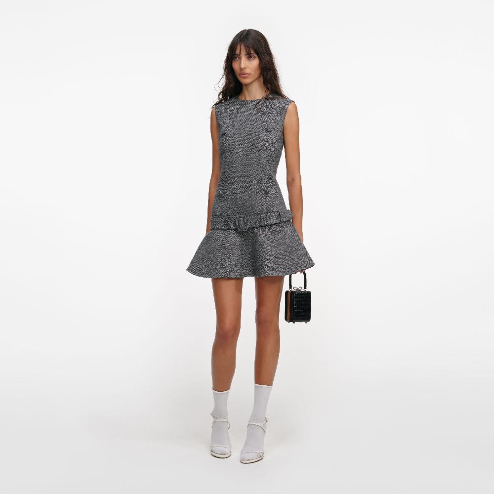 Self Portrait Grey Herringbone Flared Mini Dress CLOTHING