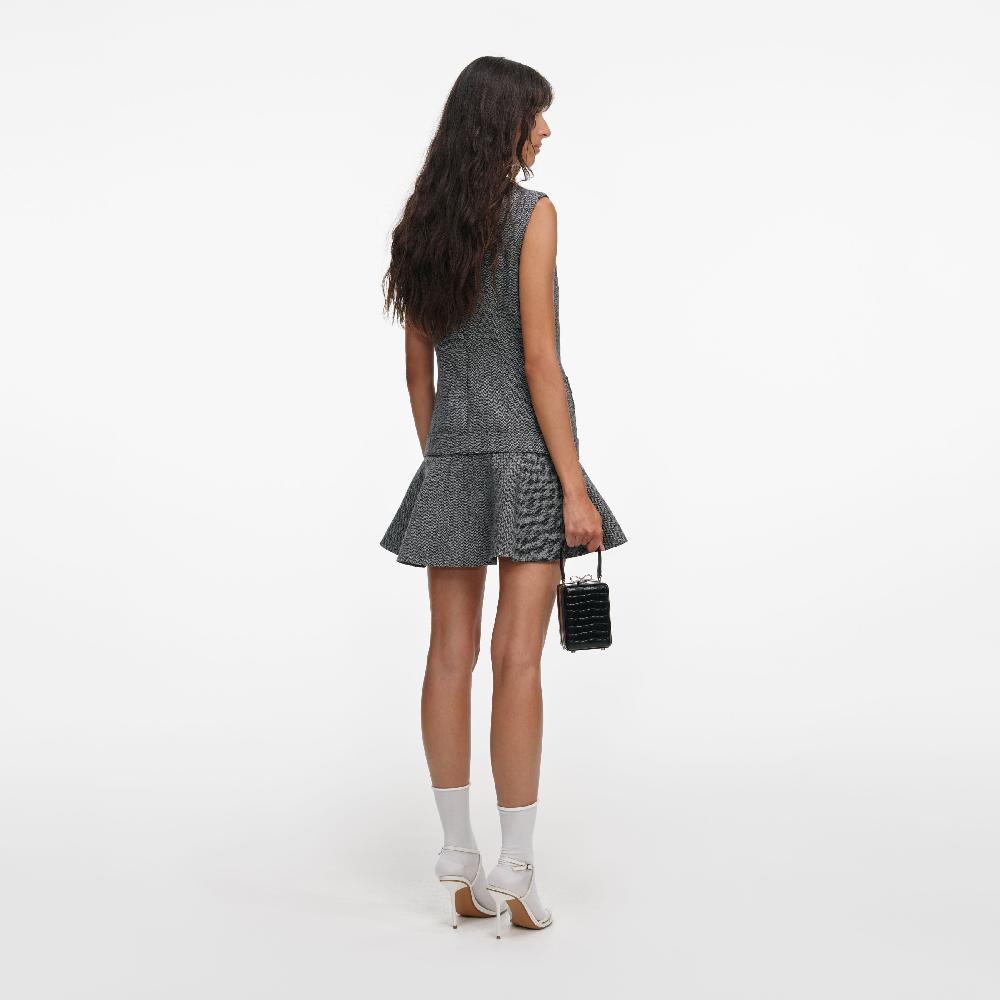 Self Portrait Grey Herringbone Flared Mini Dress CLOTHING