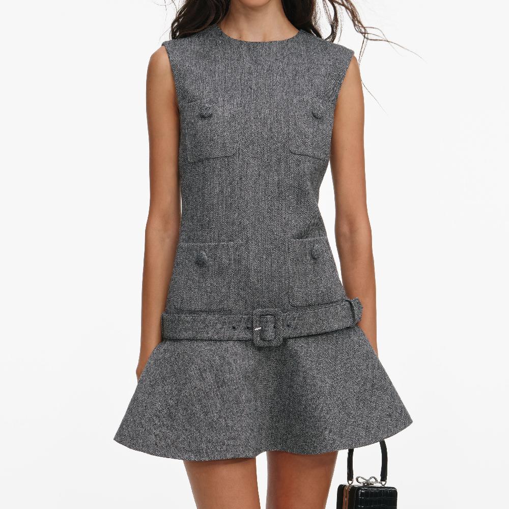 Self Portrait Grey Herringbone Flared Mini Dress CLOTHING