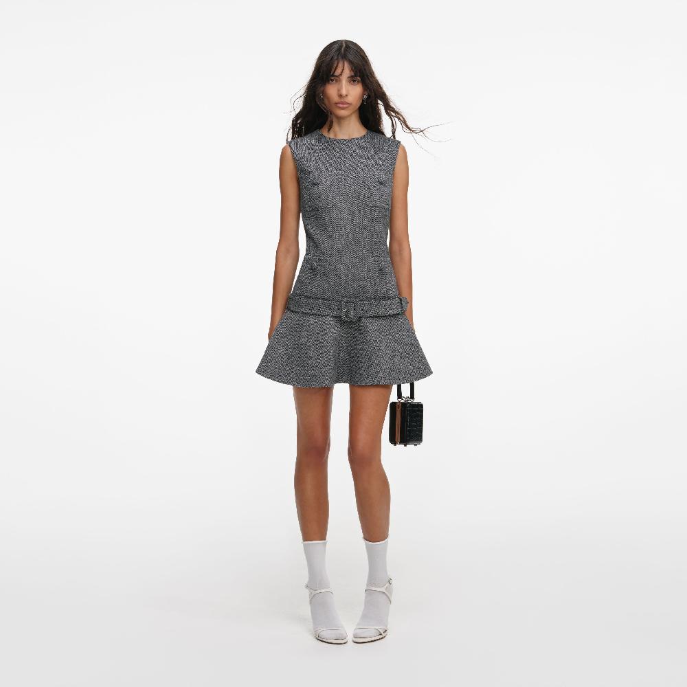 Self Portrait Grey Herringbone Flared Mini Dress CLOTHING