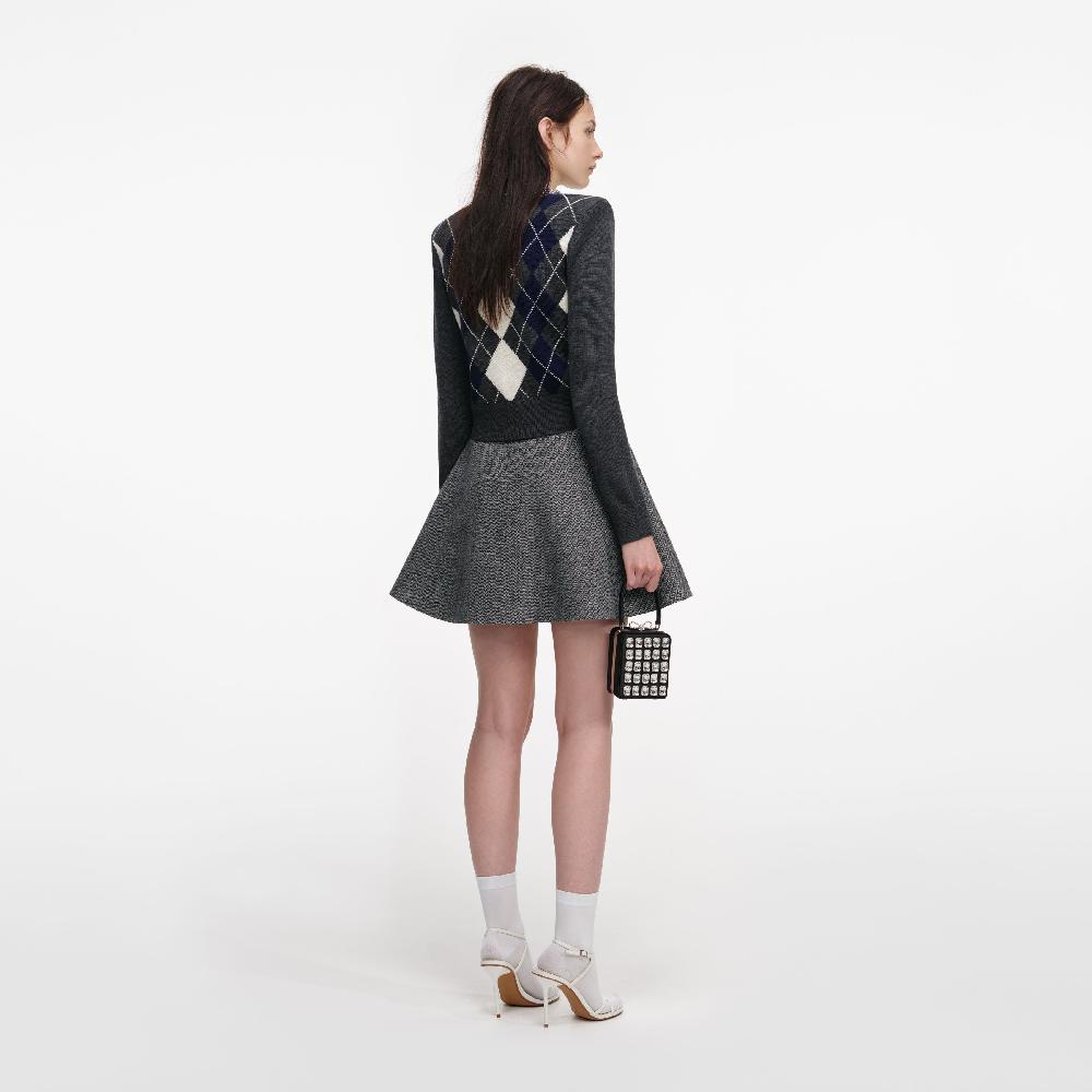 Self Portrait Grey Herringbone Flared Mini Skirt CLOTHING
