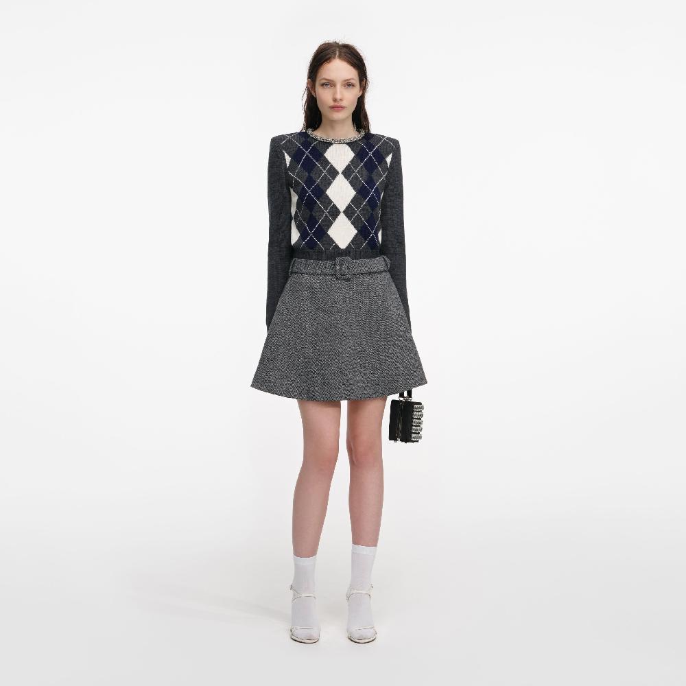 self portrait Grey Herringbone Flared Mini Skirt CLOTHING