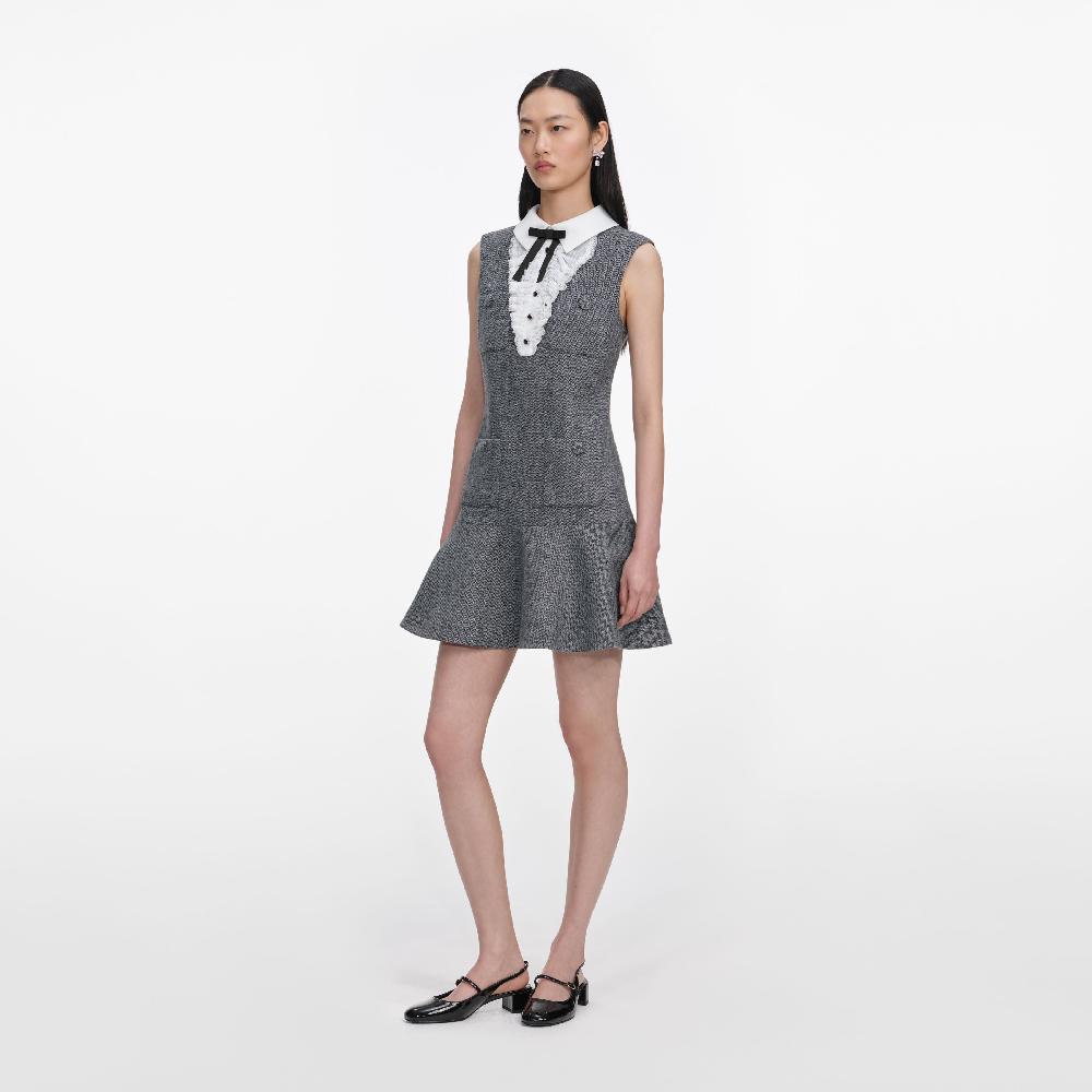 Self Portrait Grey Herringbone Lace Bib Mini Dress CLOTHING