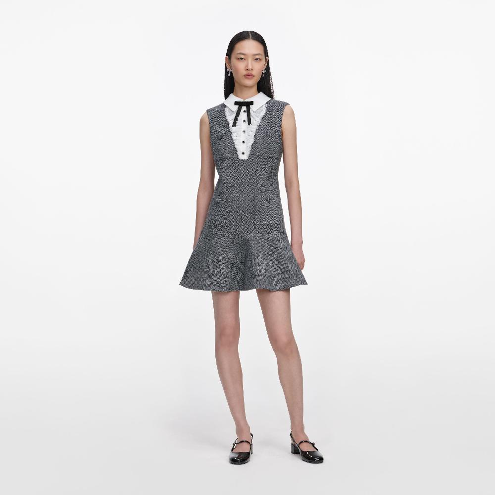 self portrait Grey Herringbone Lace Bib Mini Dress CLOTHING