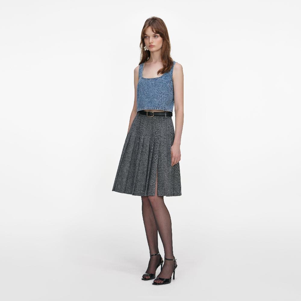 Self Portrait Grey Herringbone Pleated Midi Skirt CLOTHING