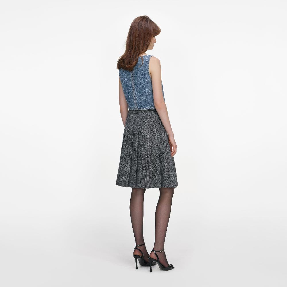 Self Portrait Grey Herringbone Pleated Midi Skirt CLOTHING