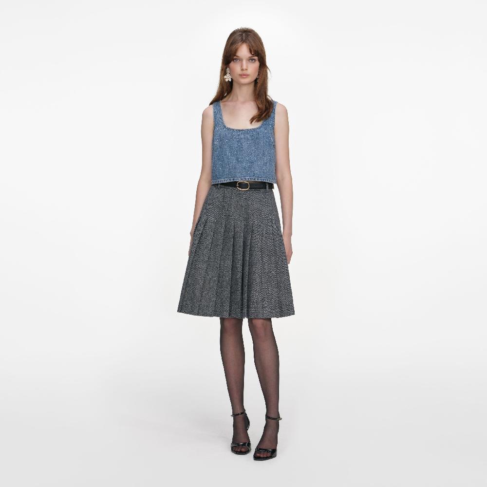 self portrait Grey Herringbone Pleated Midi Skirt CLOTHING