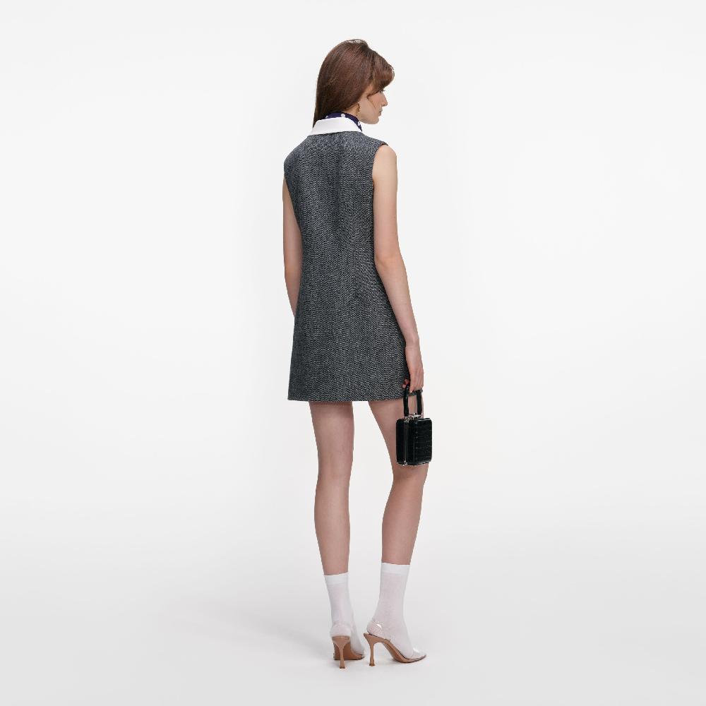 Self Portrait Grey Herringbone Scarf Detail Mini Dress CLOTHING