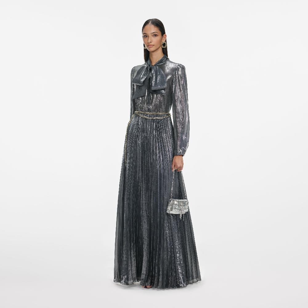 Self Portrait Grey Metallic Tie Neck Maxi Dress CLOTHING