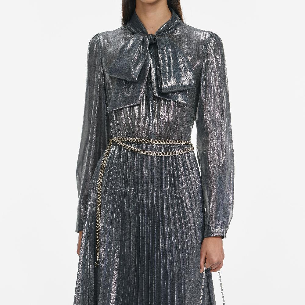 Self Portrait Grey Metallic Tie Neck Maxi Dress CLOTHING