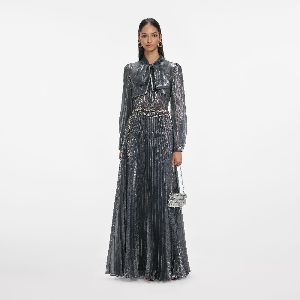 Self Portrait Grey Metallic Tie Neck Maxi Dress CLOTHING