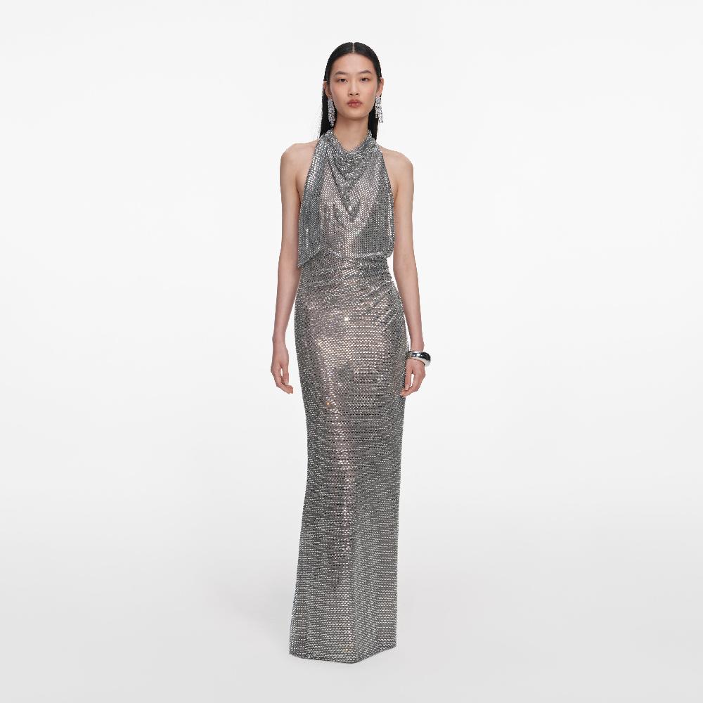 self portrait Grey Rhinestone Drape Maxi Dress CLOTHING