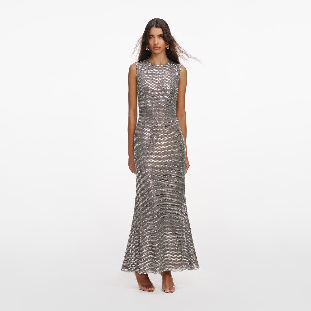 self portrait Grey Rhinestone Mesh Midi Dress CLOTHING