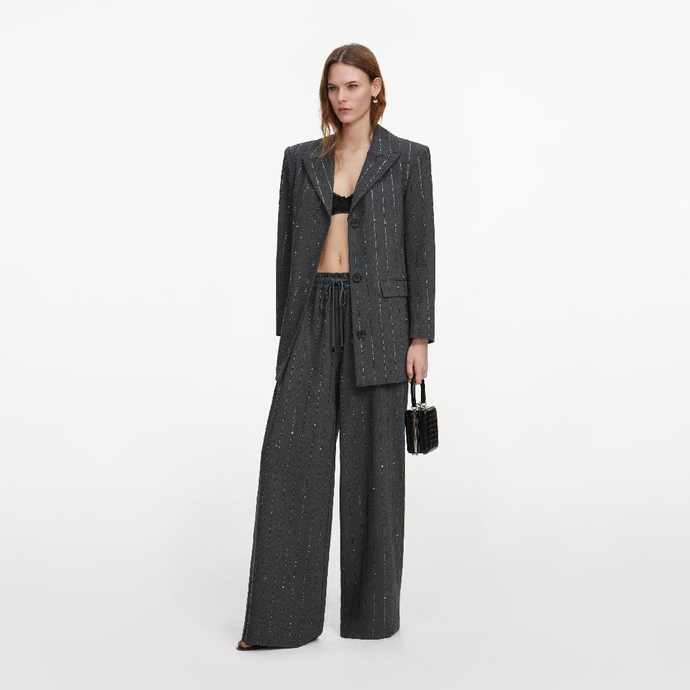 Self Portrait Grey Rhinestone Pinstripe Trousers CLOTHING