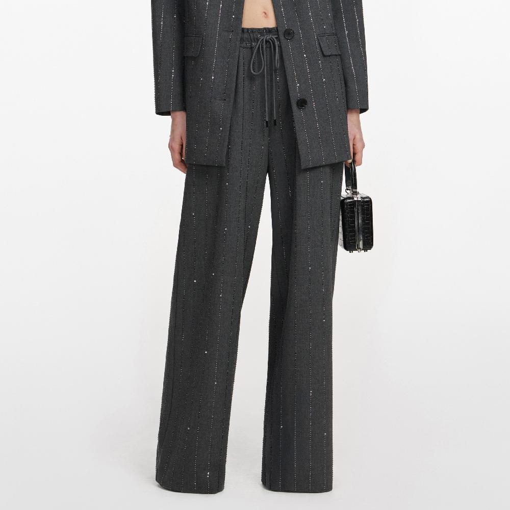 Self Portrait Grey Rhinestone Pinstripe Trousers CLOTHING