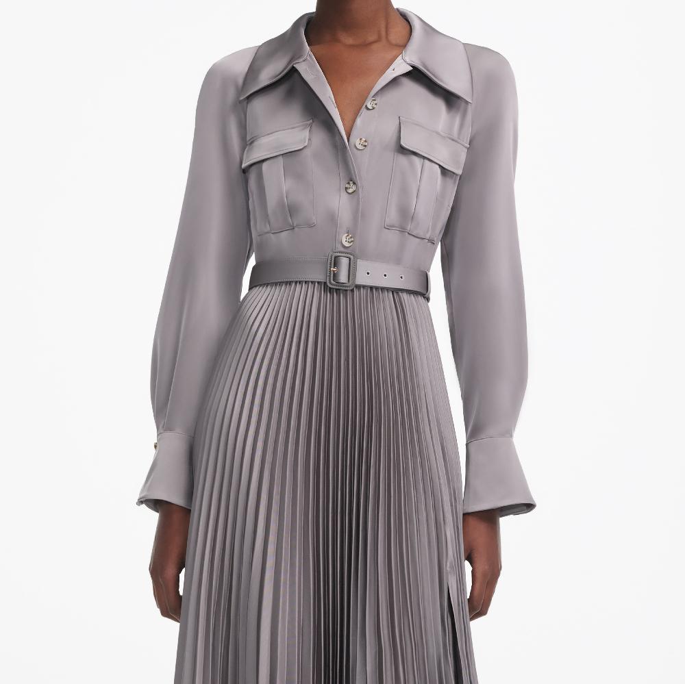 Self Portrait Grey Satin Pleated Maxi Dress CLOTHING