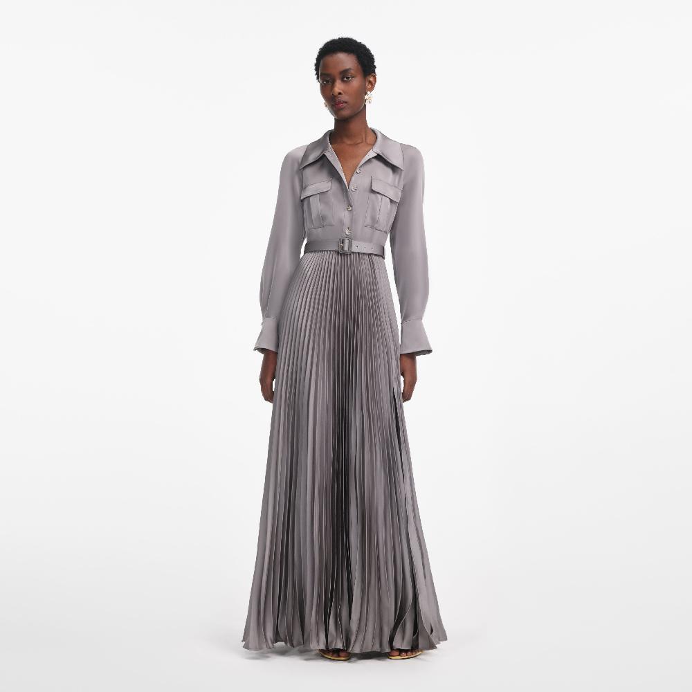 Self Portrait Grey Satin Pleated Maxi Dress CLOTHING