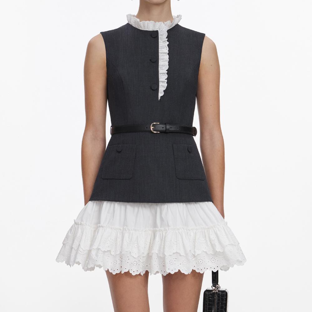 Self Portrait Grey Tailored Cotton Frill Mini Dress CLOTHING