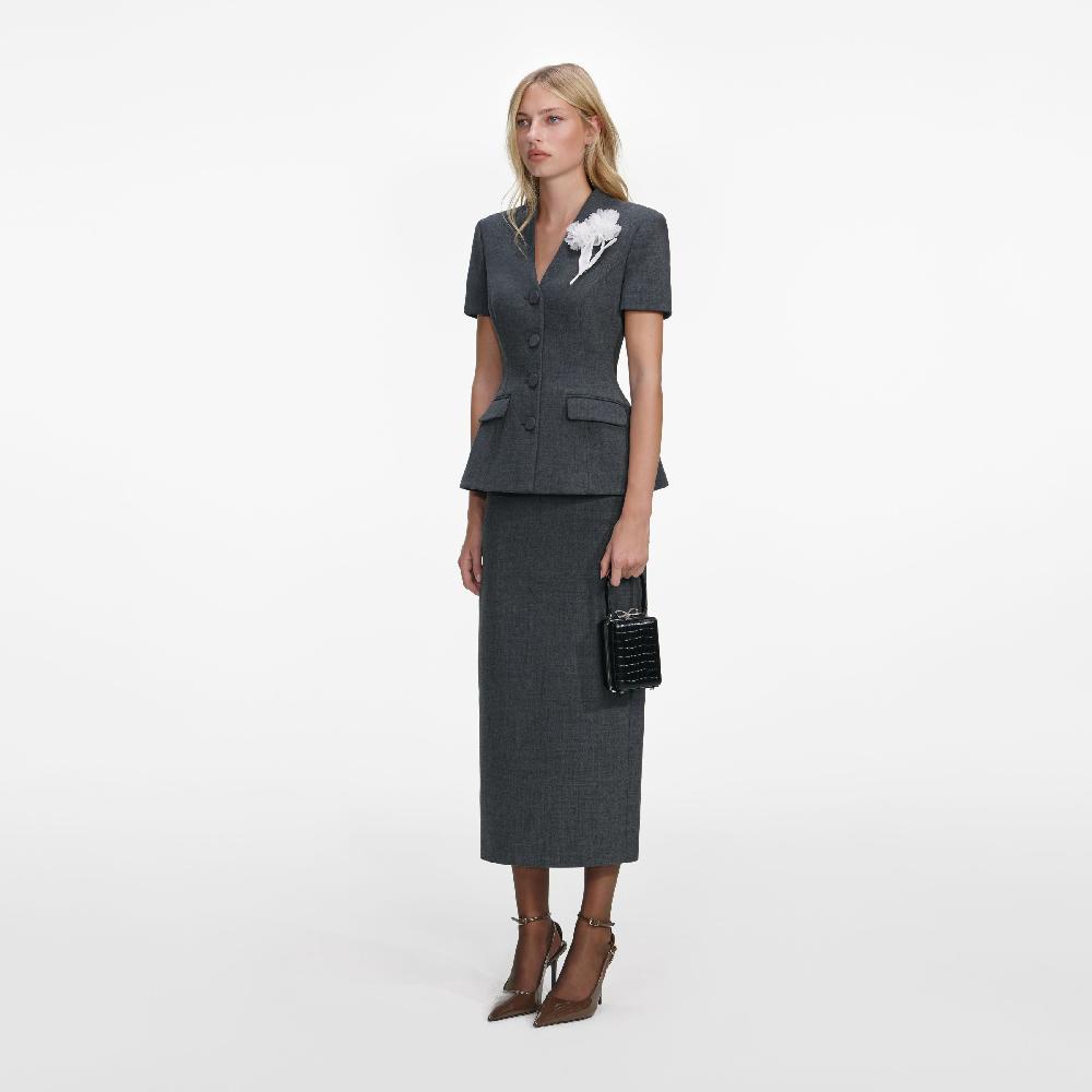 Self Portrait Grey Tailored Flower Detail Midi Dress CLOTHING