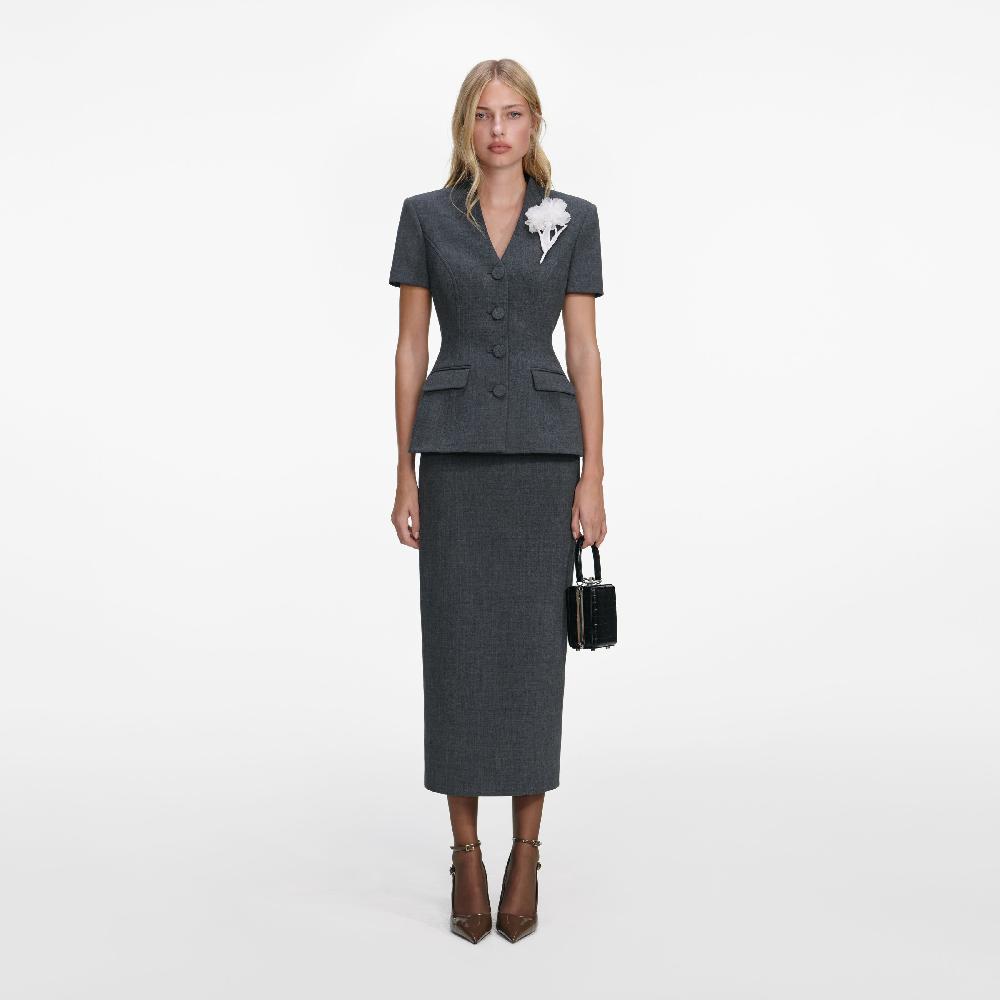 self portrait Grey Tailored Flower Detail Midi Dress CLOTHING