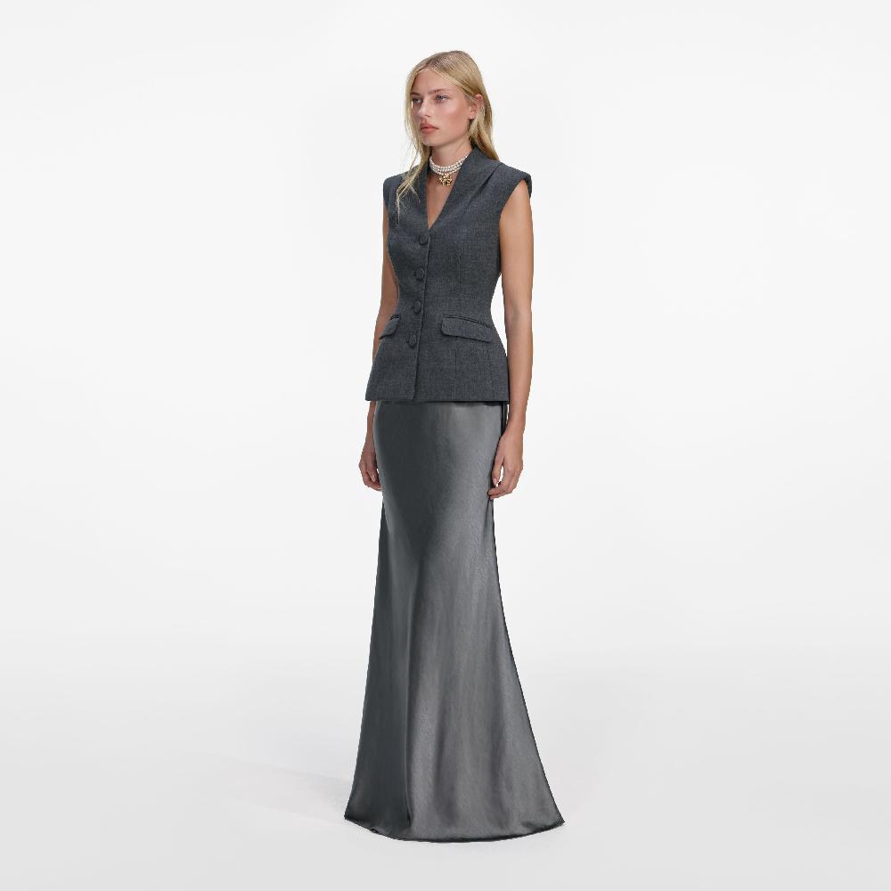 Self Portrait Grey Tailored Satin Maxi Dress CLOTHING