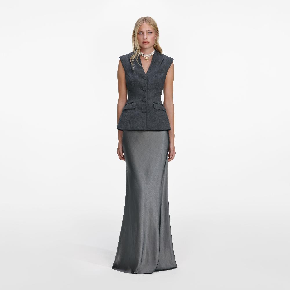 Self Portrait Grey Tailored Satin Maxi Dress CLOTHING