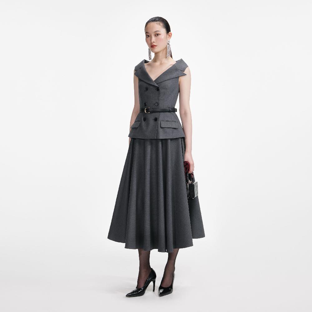 Self Portrait Grey Wool Tailored Midi Dress CLOTHING