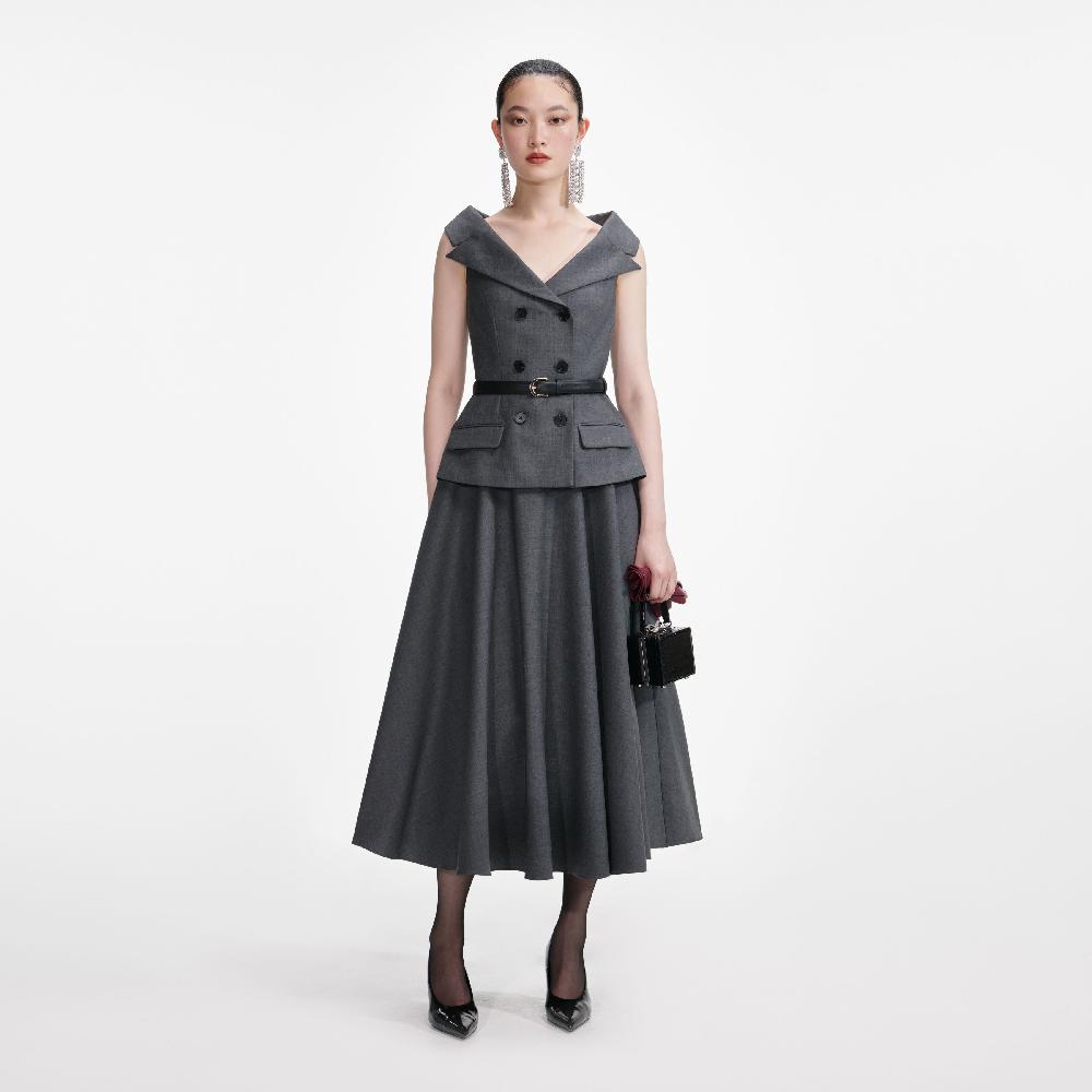 self portrait Grey Wool Tailored Midi Dress CLOTHING
