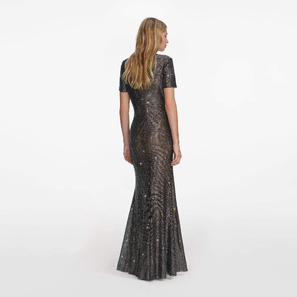 Self Portrait Gunmetal Rhinestone Mesh Maxi Dress CLOTHING