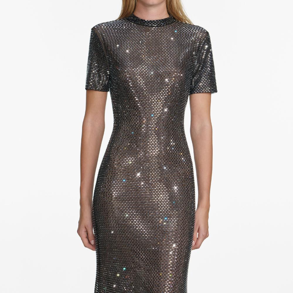 Self Portrait Gunmetal Rhinestone Mesh Maxi Dress CLOTHING