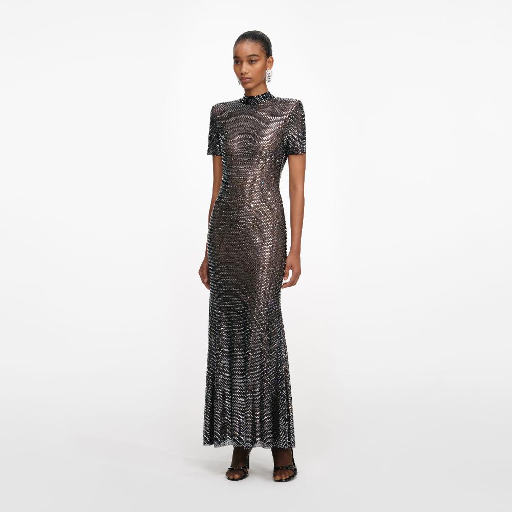 Self Portrait Gunmetal Rhinestone Mesh Midi Dress CLOTHING