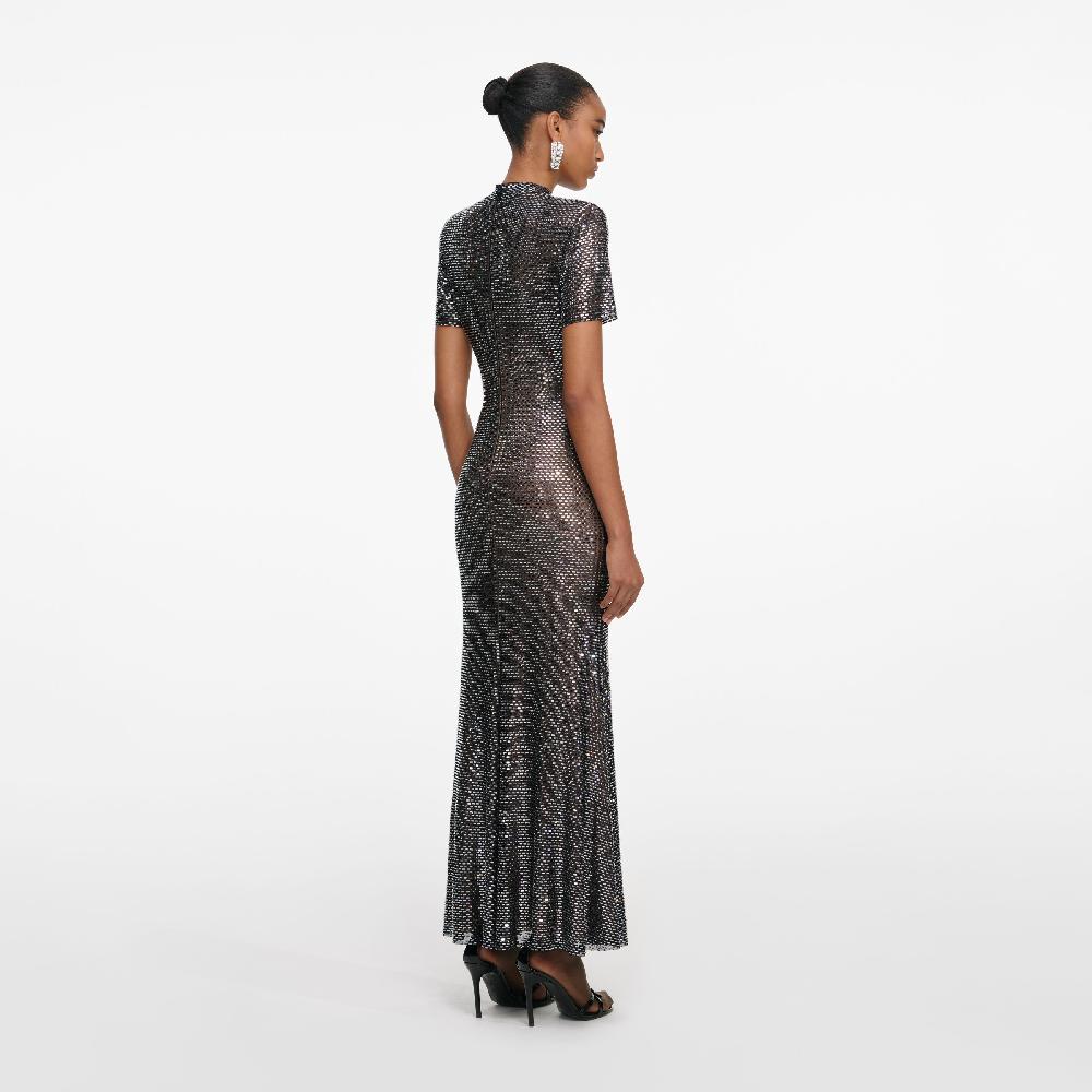 Self Portrait Gunmetal Rhinestone Mesh Midi Dress CLOTHING