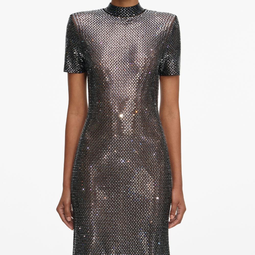 Self Portrait Gunmetal Rhinestone Mesh Midi Dress CLOTHING